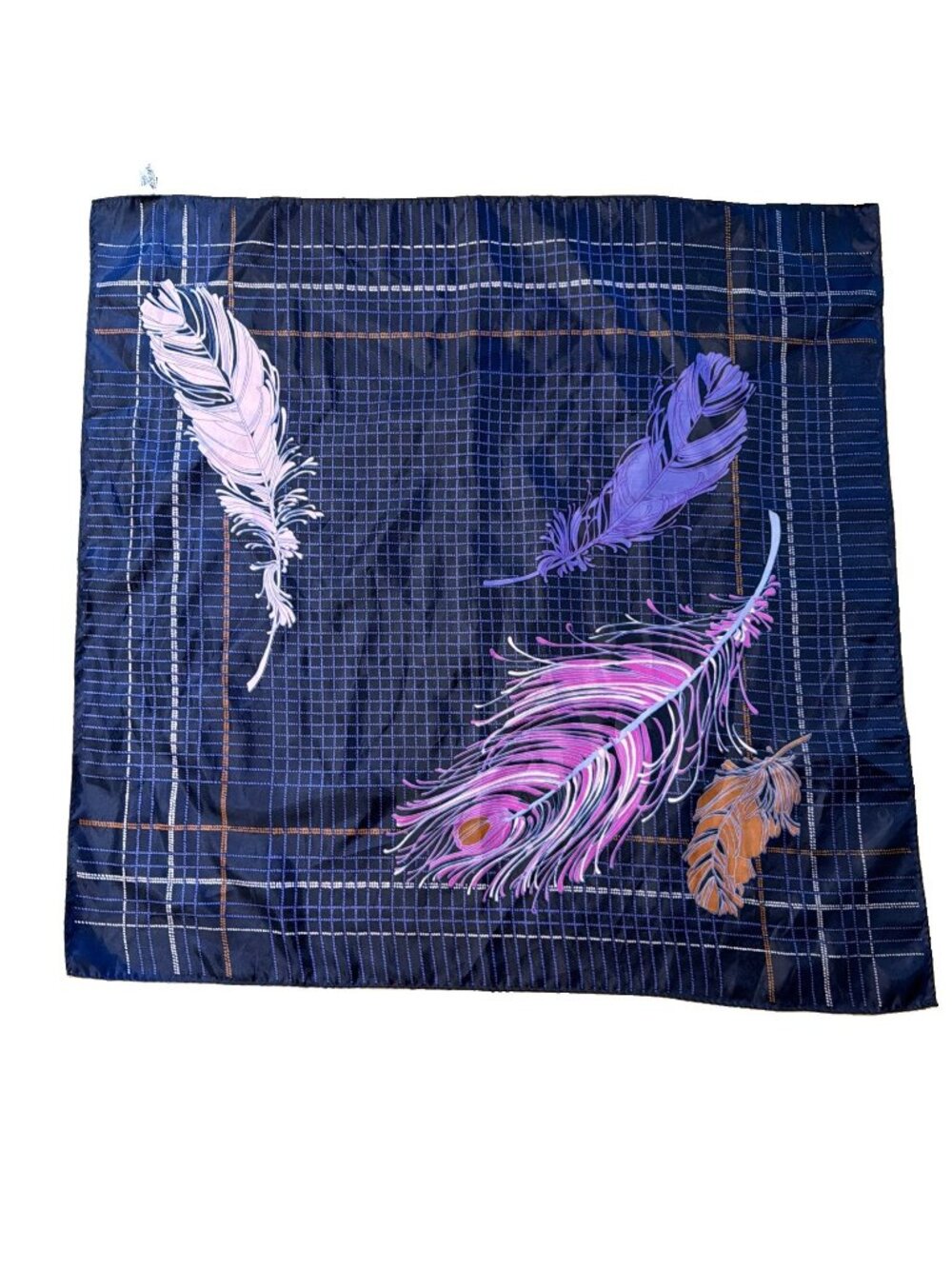 Vintage Totes Rain Scarf 27" Square Scarf Blue Purple Pink Feather&Check Design